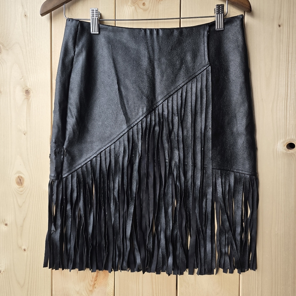 Parisian Collection Faux Leather Black Fringe Skirt Womens Medium